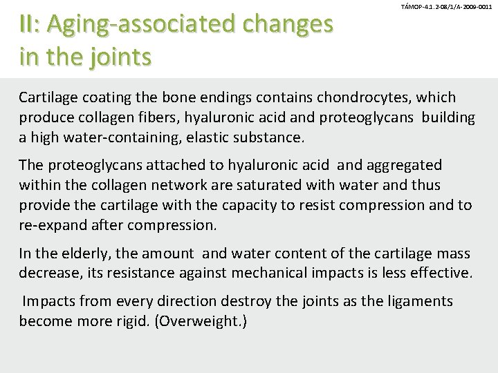 II: Aging-associated changes in the joints TÁMOP-4. 1. 2 -08/1/A-2009 -0011 Cartilage coating the