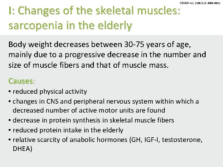 TÁMOP-4. 1. 2 -08/1/A-2009 -0011 I: Changes of the skeletal muscles: sarcopenia in the