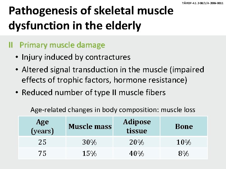 Pathogenesis of skeletal muscle dysfunction in the elderly TÁMOP-4. 1. 2 -08/1/A-2009 -0011 II