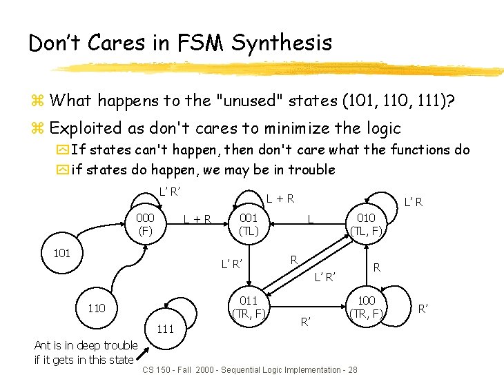 Don’t Cares in FSM Synthesis z What happens to the "unused" states (101, 110,