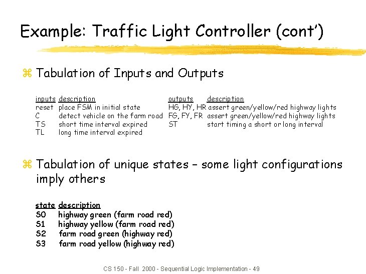 Example: Traffic Light Controller (cont’) z Tabulation of Inputs and Outputs inputs reset C
