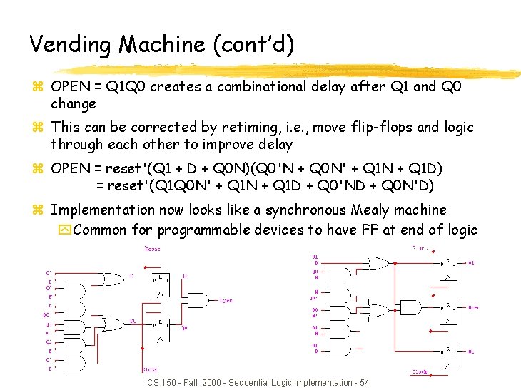 Vending Machine (cont’d) z OPEN = Q 1 Q 0 creates a combinational delay