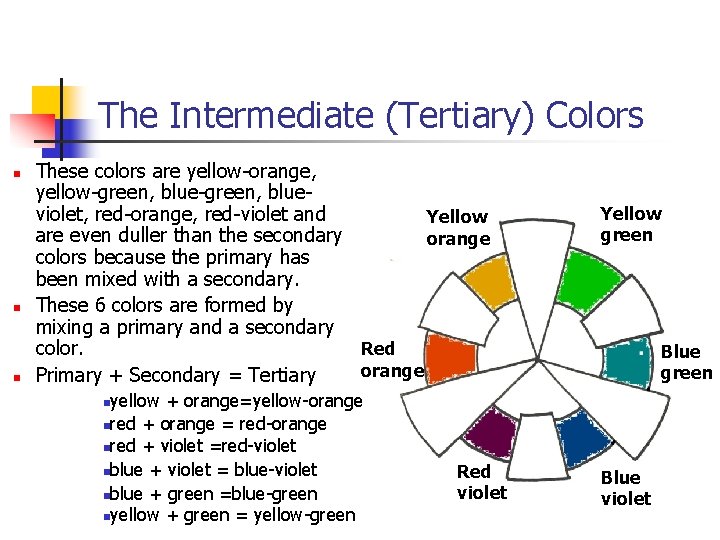 The Intermediate (Tertiary) Colors n n n These colors are yellow-orange, yellow-green, blueviolet, red-orange,