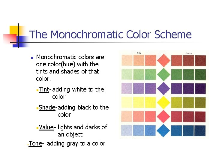 The Monochromatic Color Scheme n Monochromatic colors are one color(hue) with the tints and
