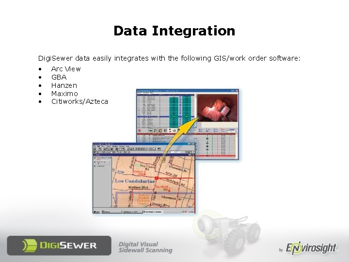 Data Integration Digi. Sewer data easily integrates with the following GIS/work order software: •