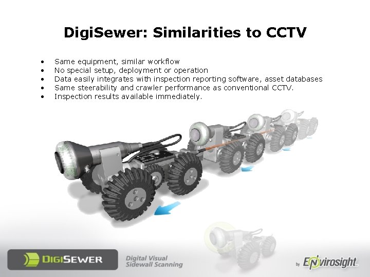 Digi. Sewer: Similarities to CCTV • • • Same equipment, similar workflow No special