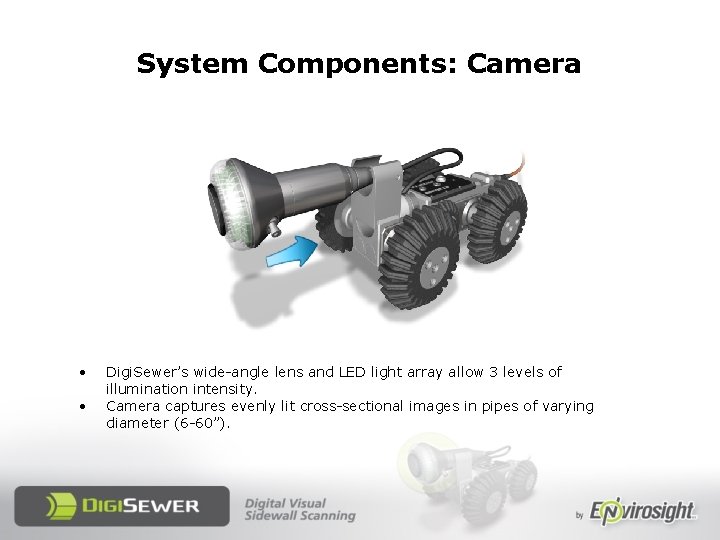 System Components: Camera • • Digi. Sewer’s wide-angle lens and LED light array allow