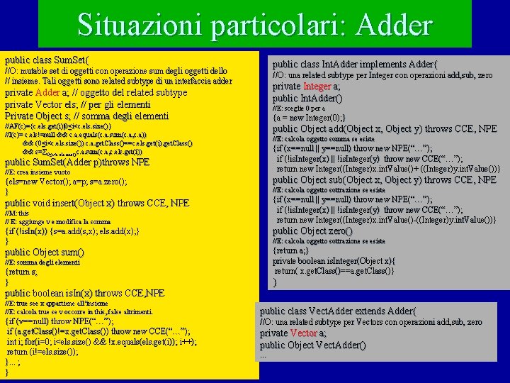 Situazioni particolari: Adder public class Sum. Set{ public class Int. Adder implements Adder{ //O: