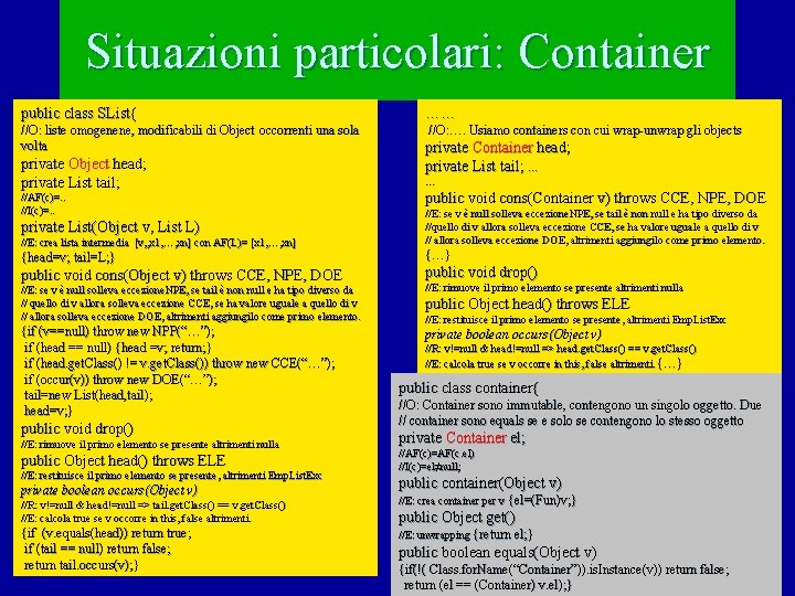 Situazioni particolari: Container public class SList{ …… //O: liste omogenene, modificabili di Object occorrenti