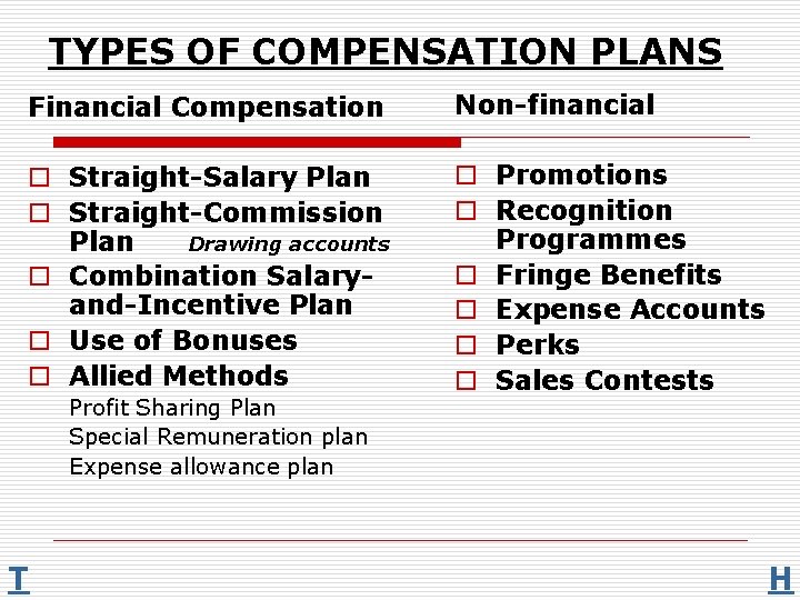 TYPES OF COMPENSATION PLANS Financial Compensation Non-financial o Straight-Salary Plan o Straight-Commission Plan Drawing
