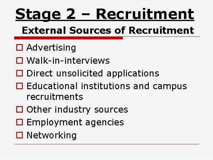 Stage 2 – Recruitment External Sources of Recruitment Advertising Walk in interviews Direct unsolicited