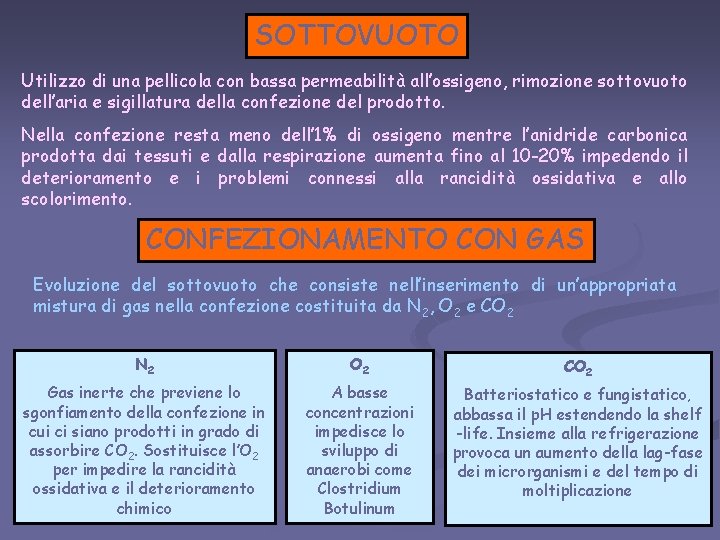 SOTTOVUOTO Utilizzo di una pellicola con bassa permeabilità all’ossigeno, rimozione sottovuoto dell’aria e sigillatura