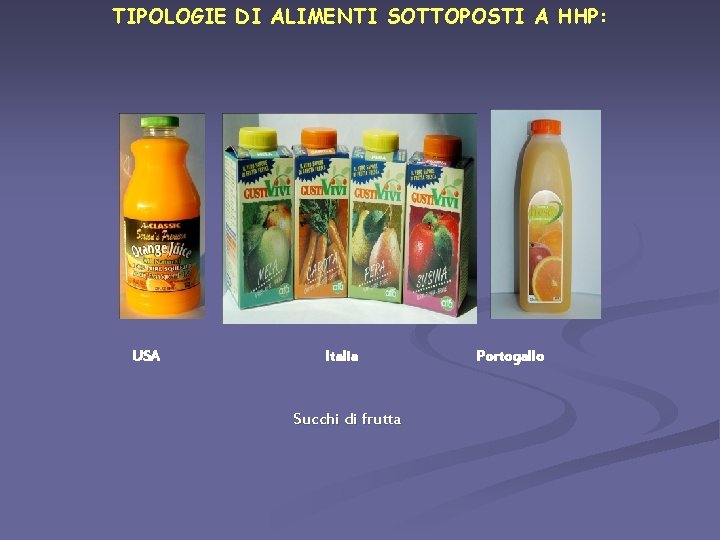 TIPOLOGIE DI ALIMENTI SOTTOPOSTI A HHP: USA Italia Succhi di frutta Portogallo 