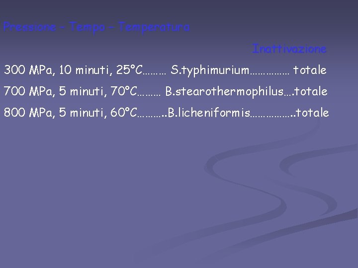 Pressione – Tempo – Temperatura Inattivazione 300 MPa, 10 minuti, 25°C……… S. typhimurium…………… totale