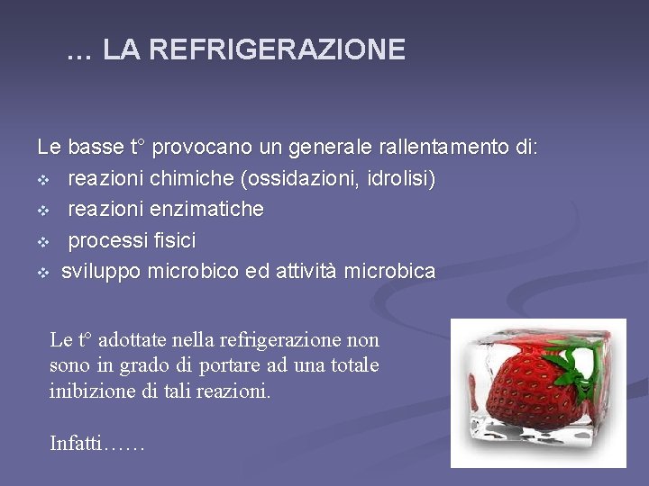 … LA REFRIGERAZIONE Le basse t° provocano un generale rallentamento di: v reazioni chimiche