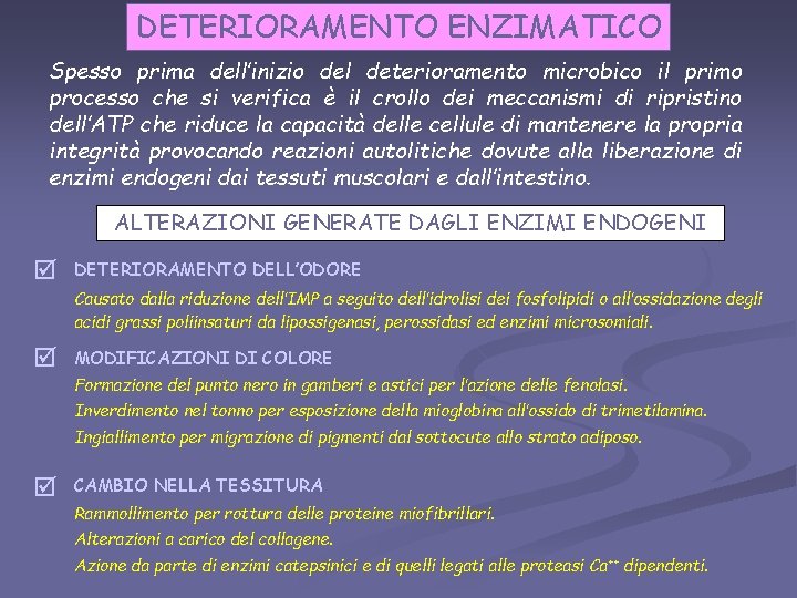 DETERIORAMENTO ENZIMATICO Spesso prima dell’inizio del deterioramento microbico il primo processo che si verifica