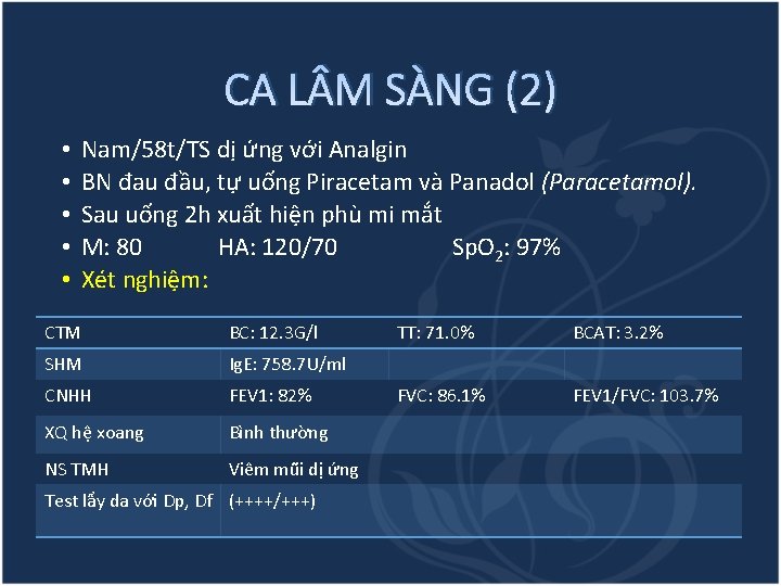 CA L M SÀNG (2) • • • Nam/58 t/TS dị ứng với Analgin