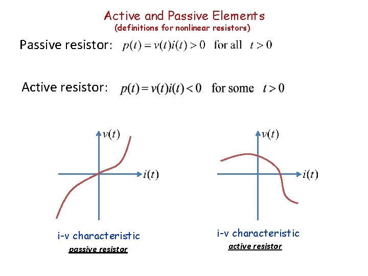 Active and Passive Elements (definitions for nonlinear resistors) Passive resistor: Active resistor: i-v characteristic