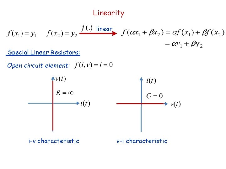 Linearity linear Special Linear Resistors: Open circuit element: i-v characteristic v-i characteristic 