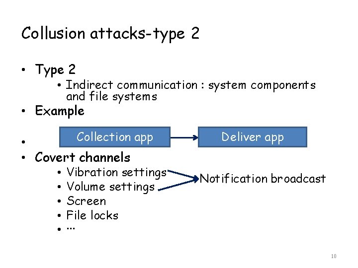 Collusion attacks-type 2 • Type 2 • Indirect communication : system components and file