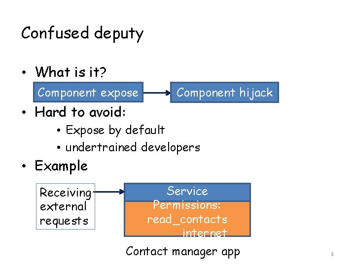 Confused deputy • What is it? Component expose Component hijack • Hard to avoid: