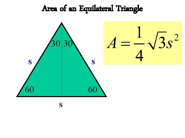 Area of an Equilateral Triangle 30 30 s s 60 60 s 