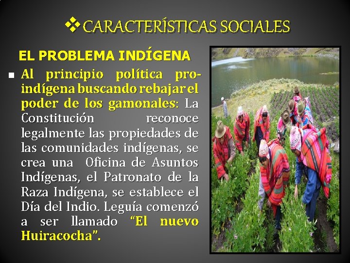v. CARACTERÍSTICAS SOCIALES EL PROBLEMA INDÍGENA n Al principio política proindígena buscando rebajar el