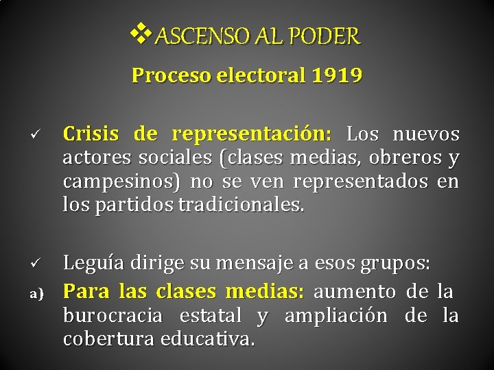 v. ASCENSO AL PODER Proceso electoral 1919 ü ü a) Crisis de representación: Los