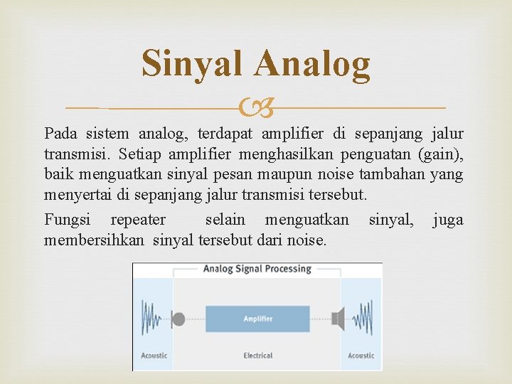 Sinyal Analog Pada sistem analog, terdapat amplifier di sepanjang jalur transmisi. Setiap amplifier menghasilkan