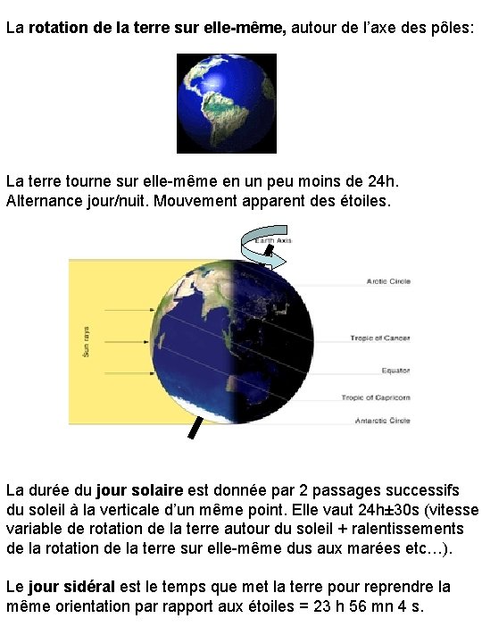 La rotation de la terre sur elle-même, autour de l’axe des pôles: La terre