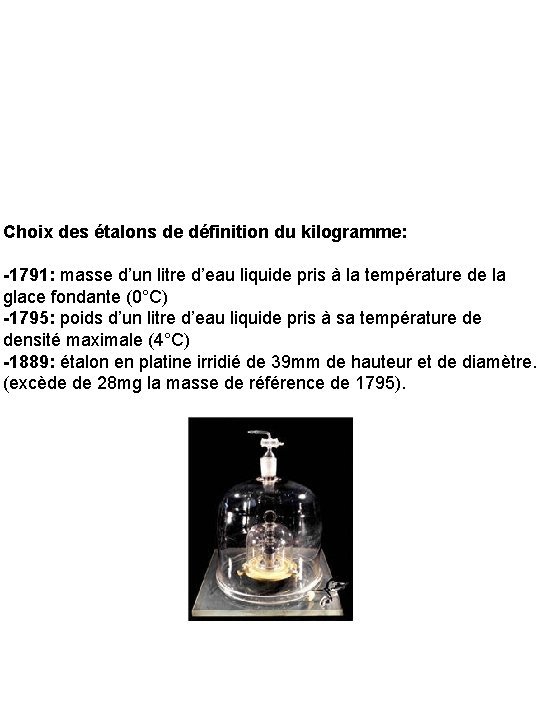 Choix des étalons de définition du kilogramme: -1791: masse d’un litre d’eau liquide pris