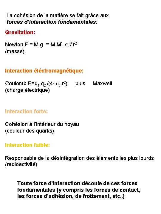 La cohésion de la matière se fait grâce aux forces d’interaction fondamentales: Gravitation: Newton