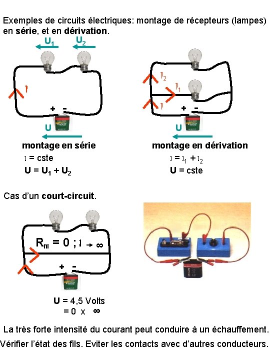 Exemples de circuits électriques: montage de récepteurs (lampes) en série, et en dérivation. U