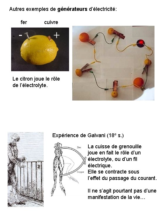Autres exemples de générateurs d’électricité: fer cuivre Le citron joue le rôle de l’électrolyte.
