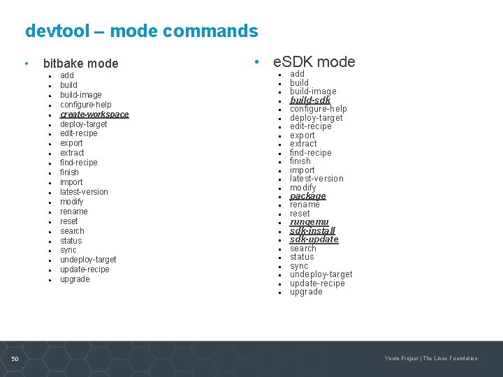 devtool – mode commands • bitbake mode add build-image configure-help create-workspace deploy-target edit-recipe export
