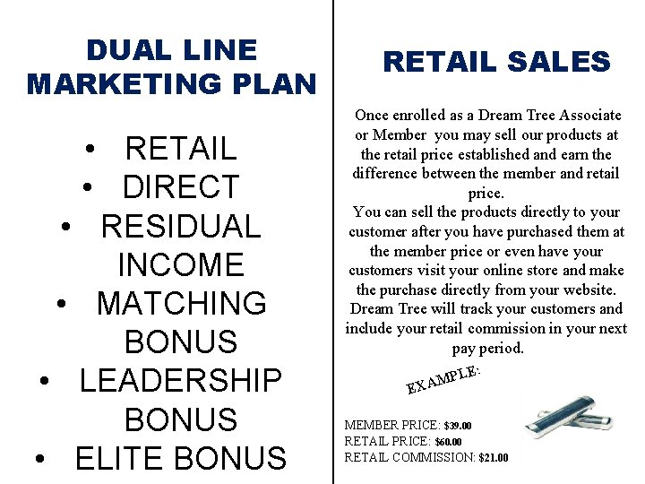 DUAL LINE MARKETING PLAN • RETAIL • DIRECT • RESIDUAL INCOME • MATCHING BONUS