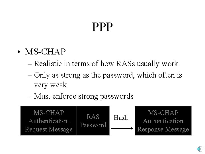 PPP • MS-CHAP – Realistic in terms of how RASs usually work – Only