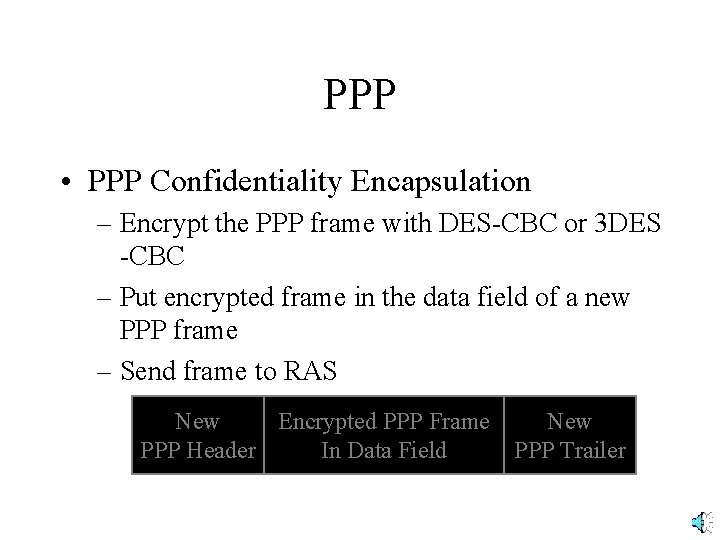 PPP • PPP Confidentiality Encapsulation – Encrypt the PPP frame with DES-CBC or 3