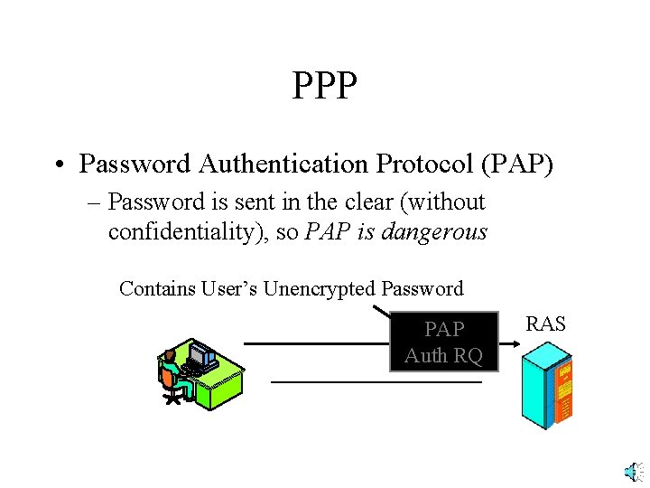 PPP • Password Authentication Protocol (PAP) – Password is sent in the clear (without