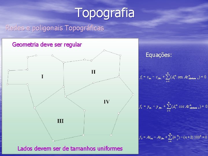 Topografia Redes e poligonais Topográficas Geometria deve ser regular Equações: n a a f