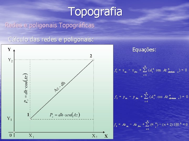 Topografia Redes e poligonais Topográficas Cálculo das redes e poligonais: Equações: n å (d