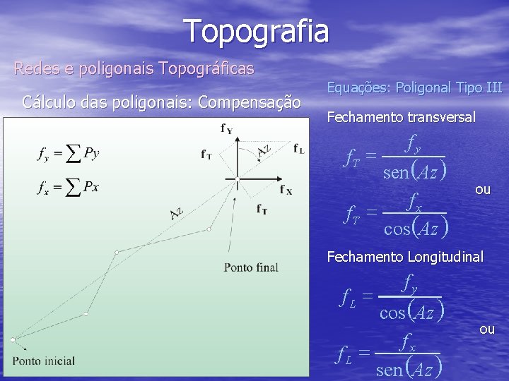 Topografia Redes e poligonais Topográficas Cálculo das poligonais: Compensação Equações: Poligonal Tipo III Fechamento