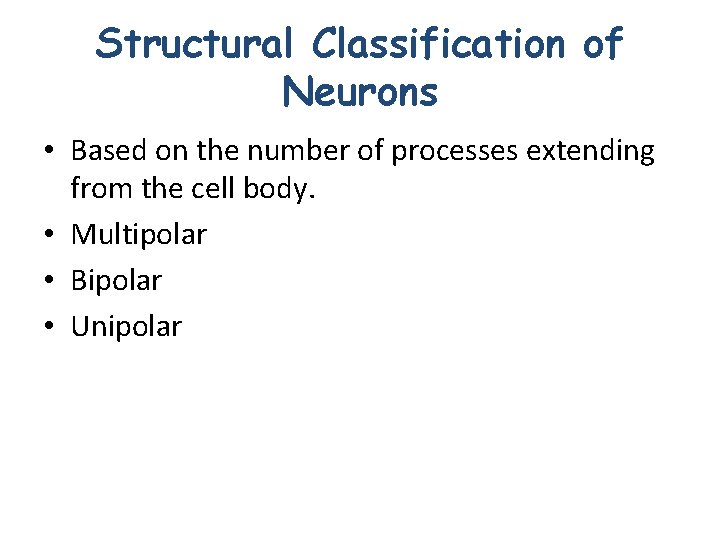 Structural Classification of Neurons • Based on the number of processes extending from the