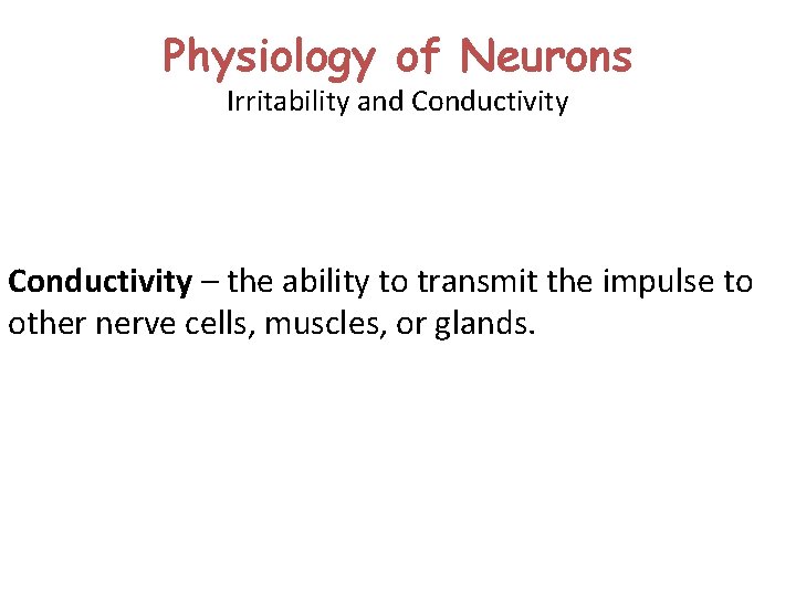 Physiology of Neurons Irritability and Conductivity – the ability to transmit the impulse to