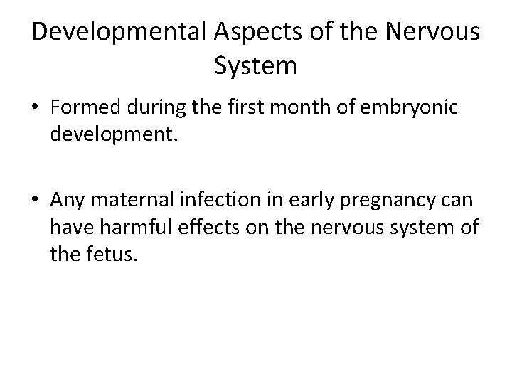 Developmental Aspects of the Nervous System • Formed during the first month of embryonic