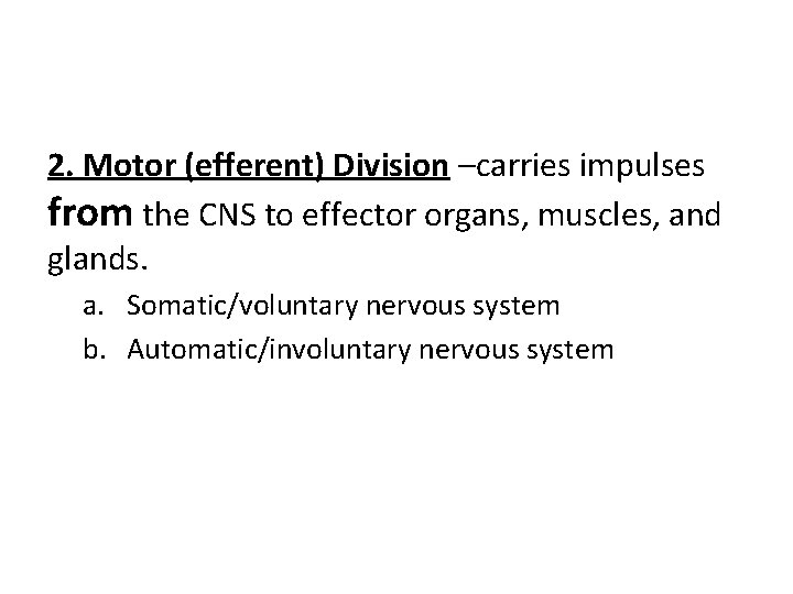 2. Motor (efferent) Division –carries impulses from the CNS to effector organs, muscles, and