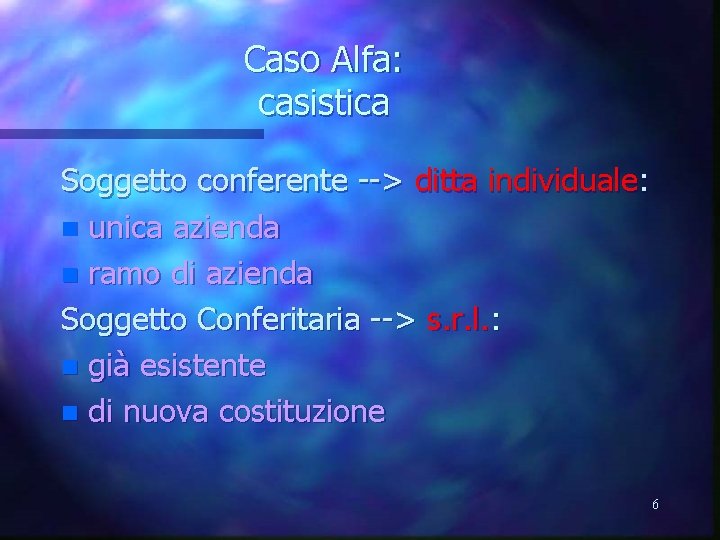 Caso Alfa: casistica Soggetto conferente --> ditta individuale: n unica azienda n ramo di