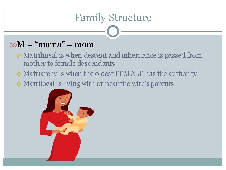 Family Structure M = “mama” = mom Matrilineal is when descent and inheritance is