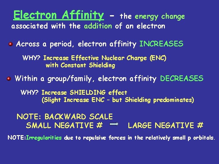 Electron Affinity - the energy change associated with the addition of an electron Across