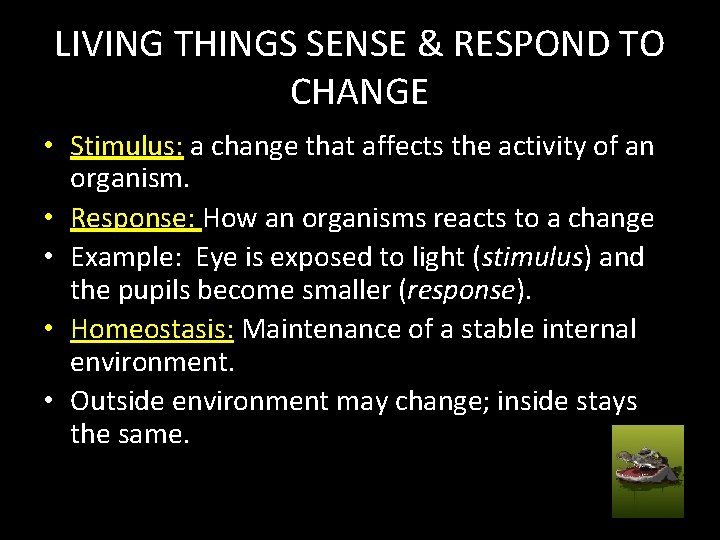 LIVING THINGS SENSE & RESPOND TO CHANGE • Stimulus: a change that affects the
